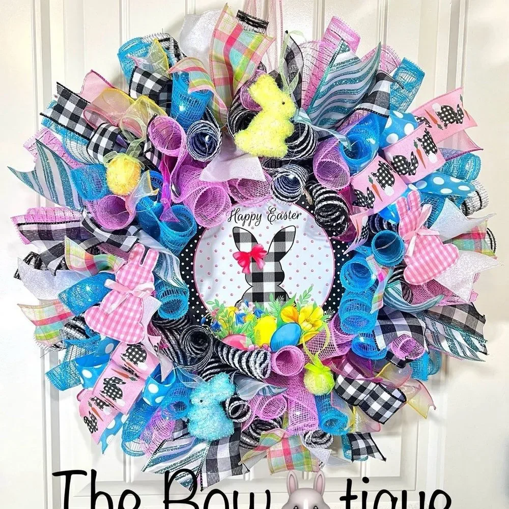 Handmade Spring Happy Easter Bunny Prelit Ribbon Wreath 22 in LED W17